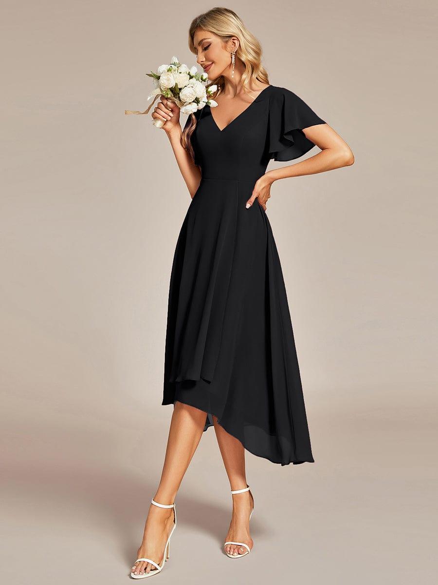 Robe Mariage Invitée haute-basse mousseline col en V Manches à volants #Couleur_Noir