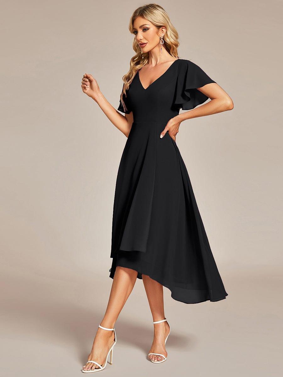 Robe Mariage Invitée haute-basse mousseline col en V Manches à volants #Couleur_Noir