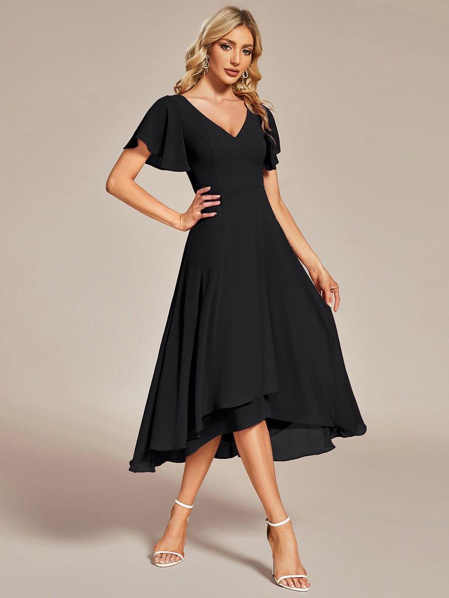 Robe Mariage Invitée haute-basse mousseline col en V Manches à volants #Couleur_Noir