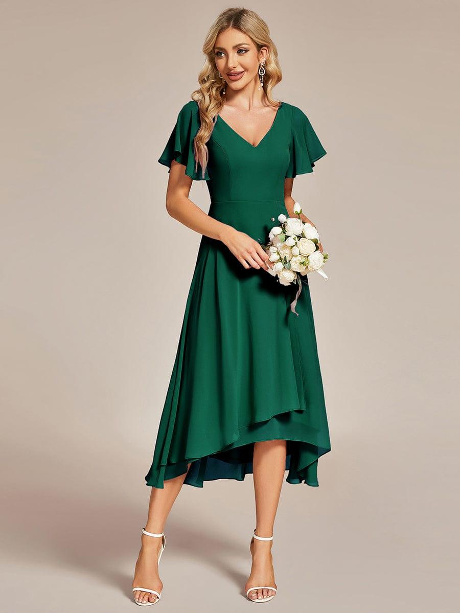 Robe Mariage Invitée haute-basse mousseline col en V Manches à volants #Couleur_Vert Fonce