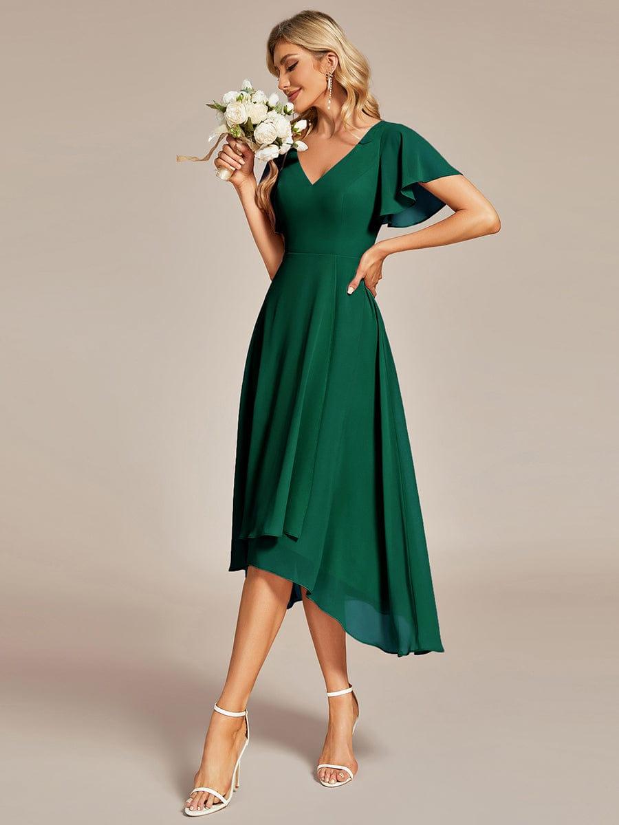 Robe Mariage Invitée haute-basse mousseline col en V Manches à volants #Couleur_Vert Fonce