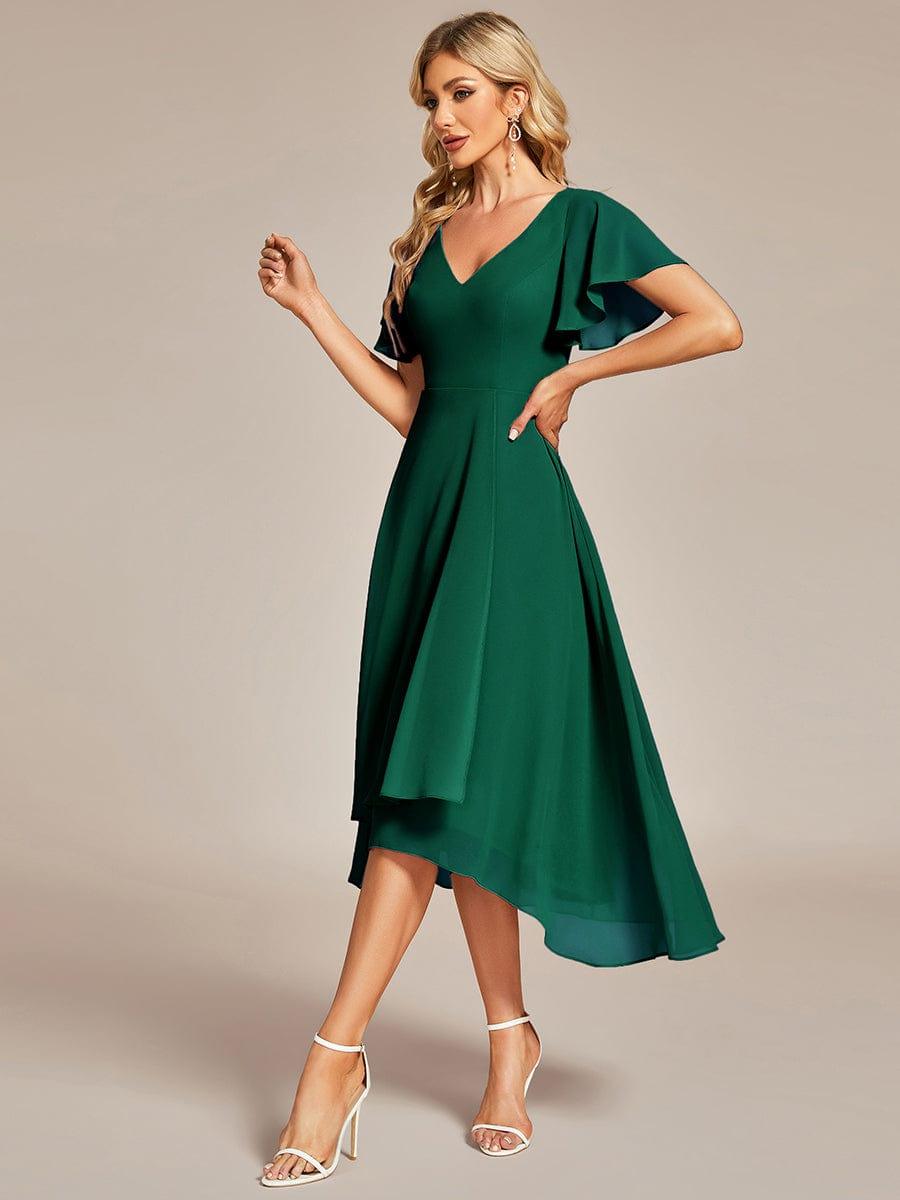Robe Mariage Invitée haute-basse mousseline col en V Manches à volants #Couleur_Vert Fonce