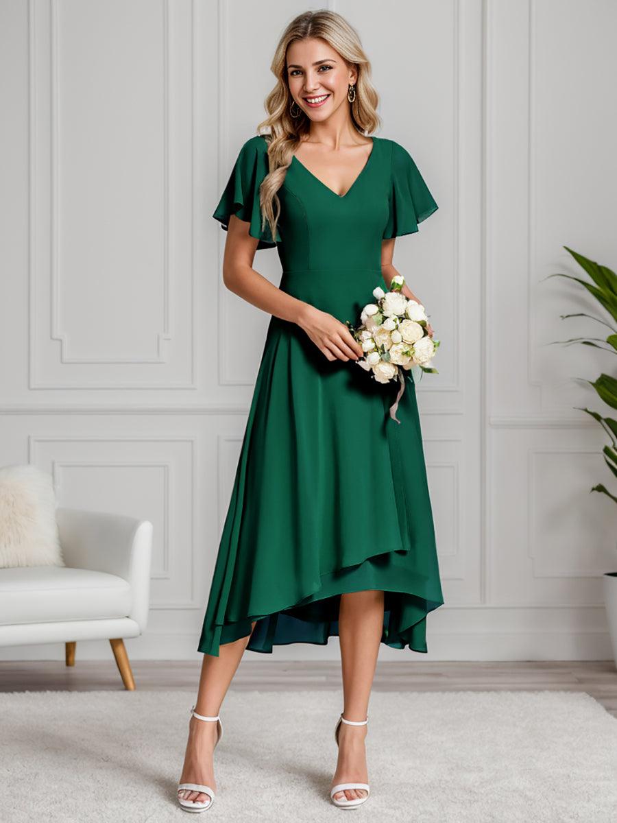 Robe Mariage Invitée haute-basse mousseline col en V Manches à volants #Couleur_Vert Fonce