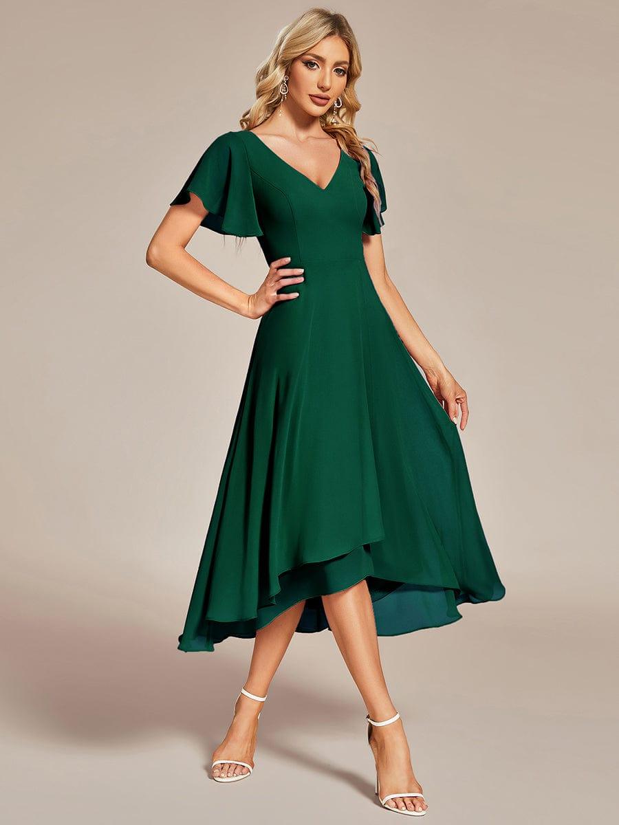 Robe Mariage Invitée haute-basse mousseline col en V Manches à volants #Couleur_Vert Fonce