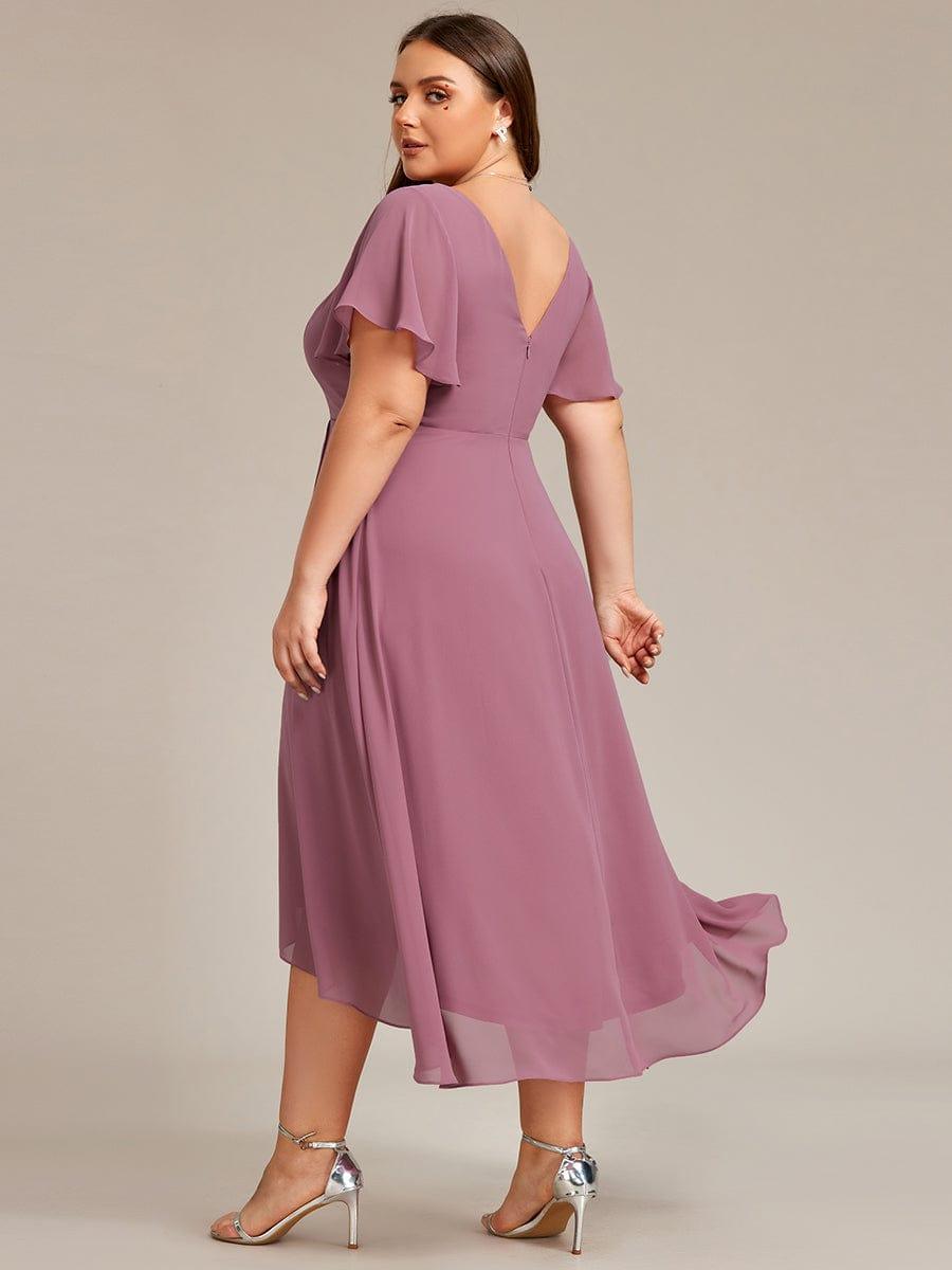 Robe d'invité de mariage en mousseline de soie grande taille avec col en V et manches à volants #Couleur_Orchidee