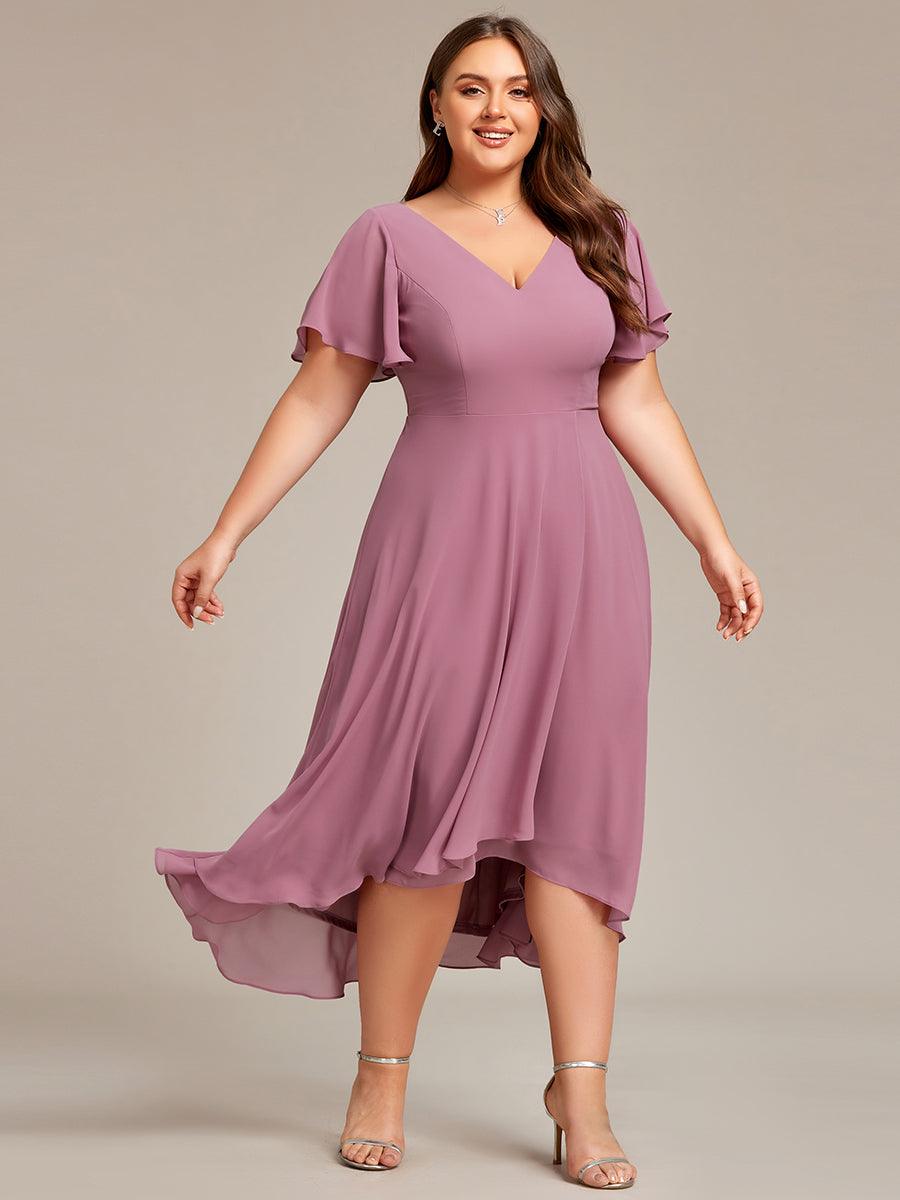 Robe Mariage Invitée haute-basse mousseline col en V Manches à volants #Couleur_Orchidee