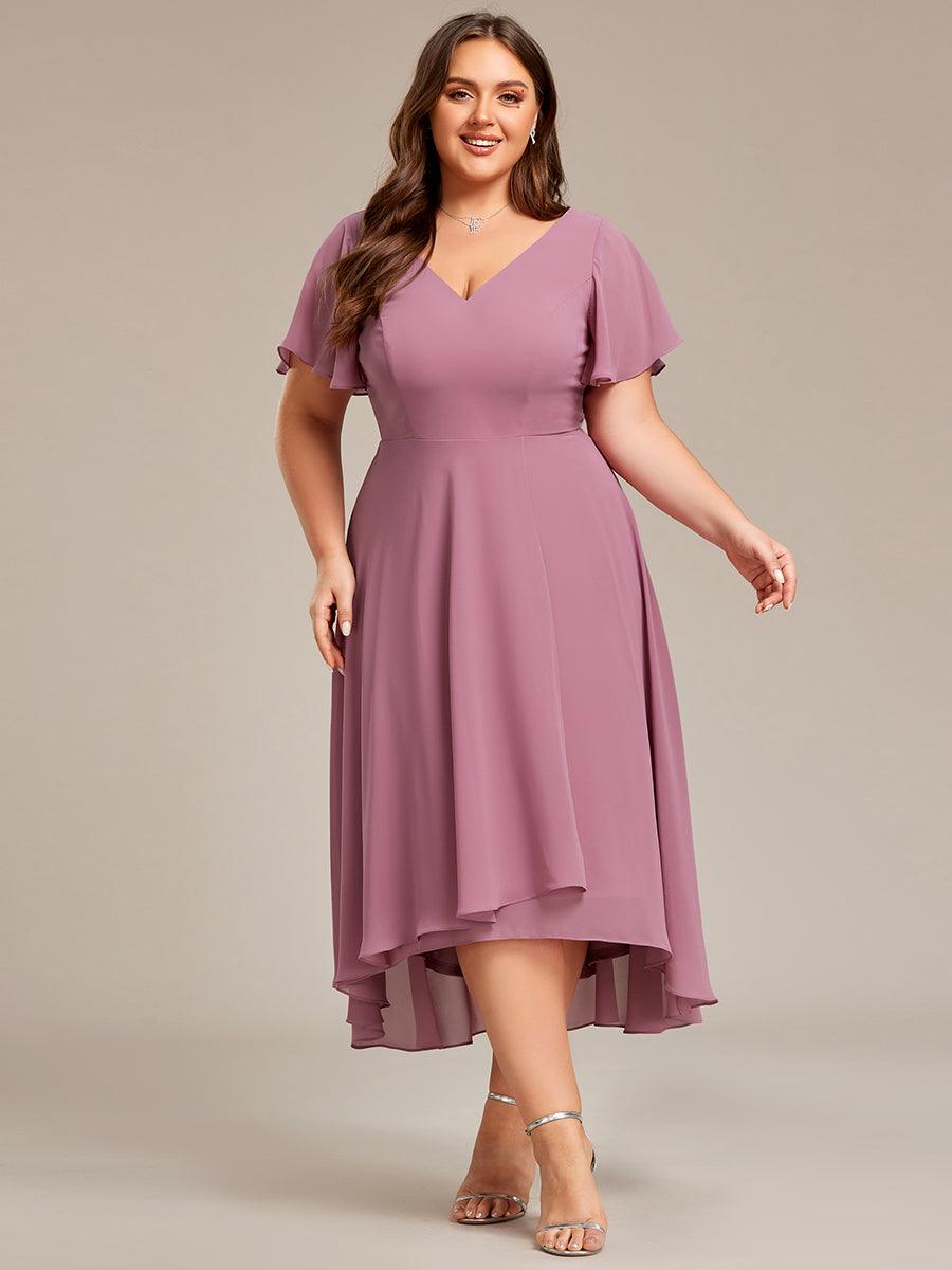 Robe Mariage Invitée haute-basse mousseline col en V Manches à volants #Couleur_Orchidee