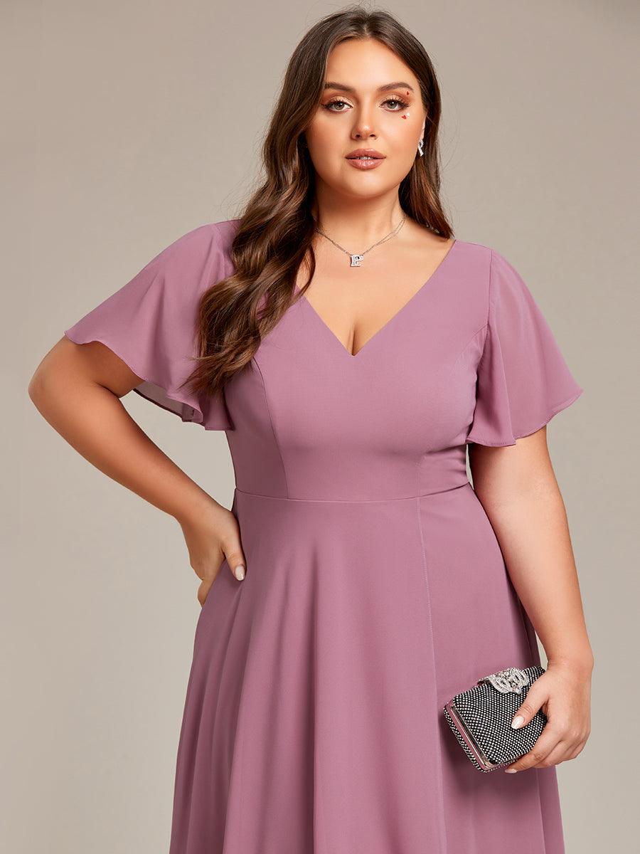 Robe Mariage Invitée haute-basse mousseline col en V Manches à volants #Couleur_Orchidee
