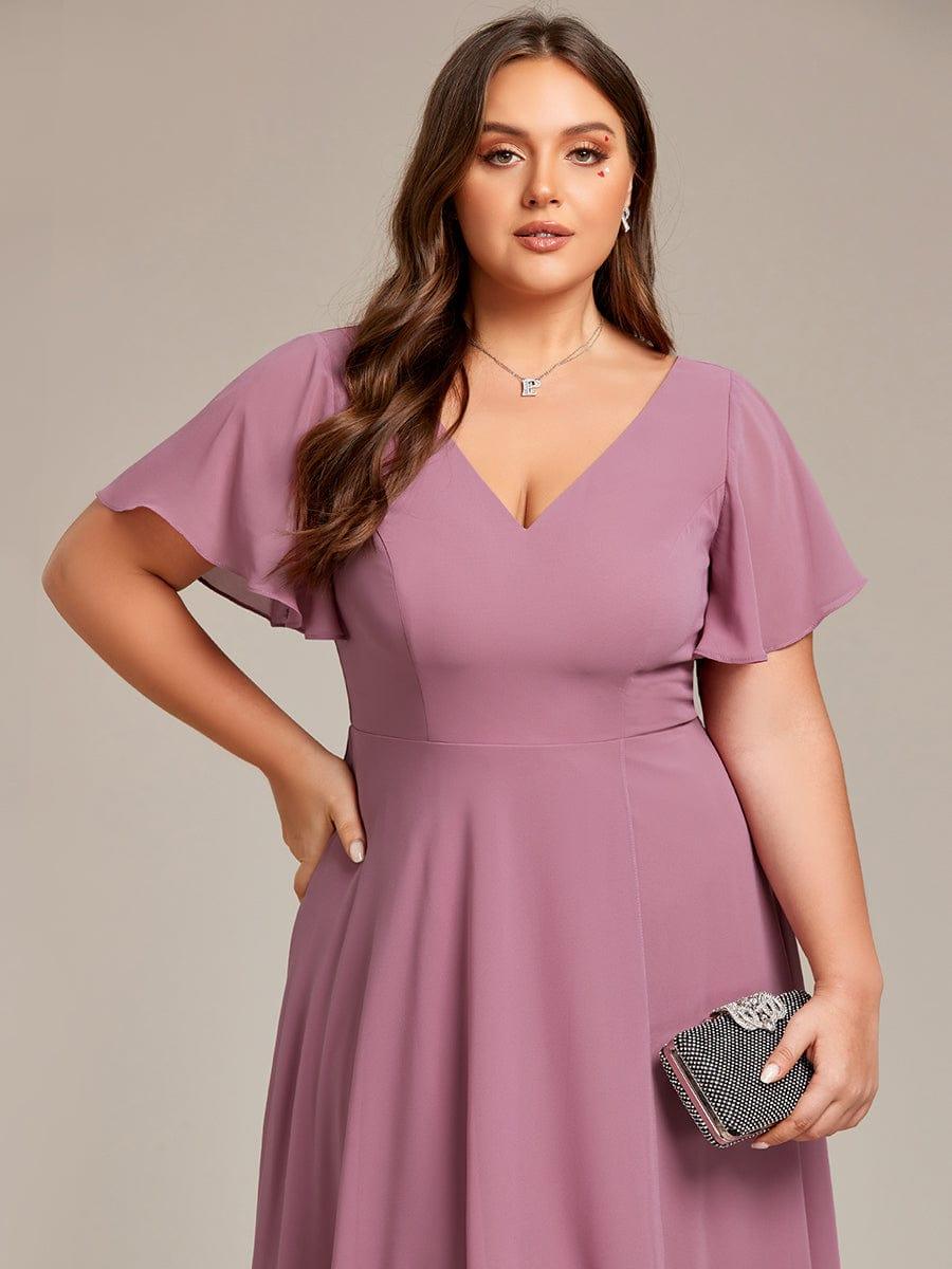 Robe d'invité de mariage en mousseline de soie grande taille avec col en V et manches à volants #Couleur_Orchidee