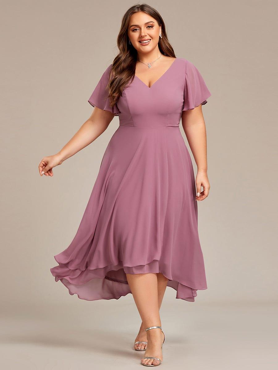 Robe d'invité de mariage en mousseline de soie grande taille avec col en V et manches à volants #Couleur_Orchidee