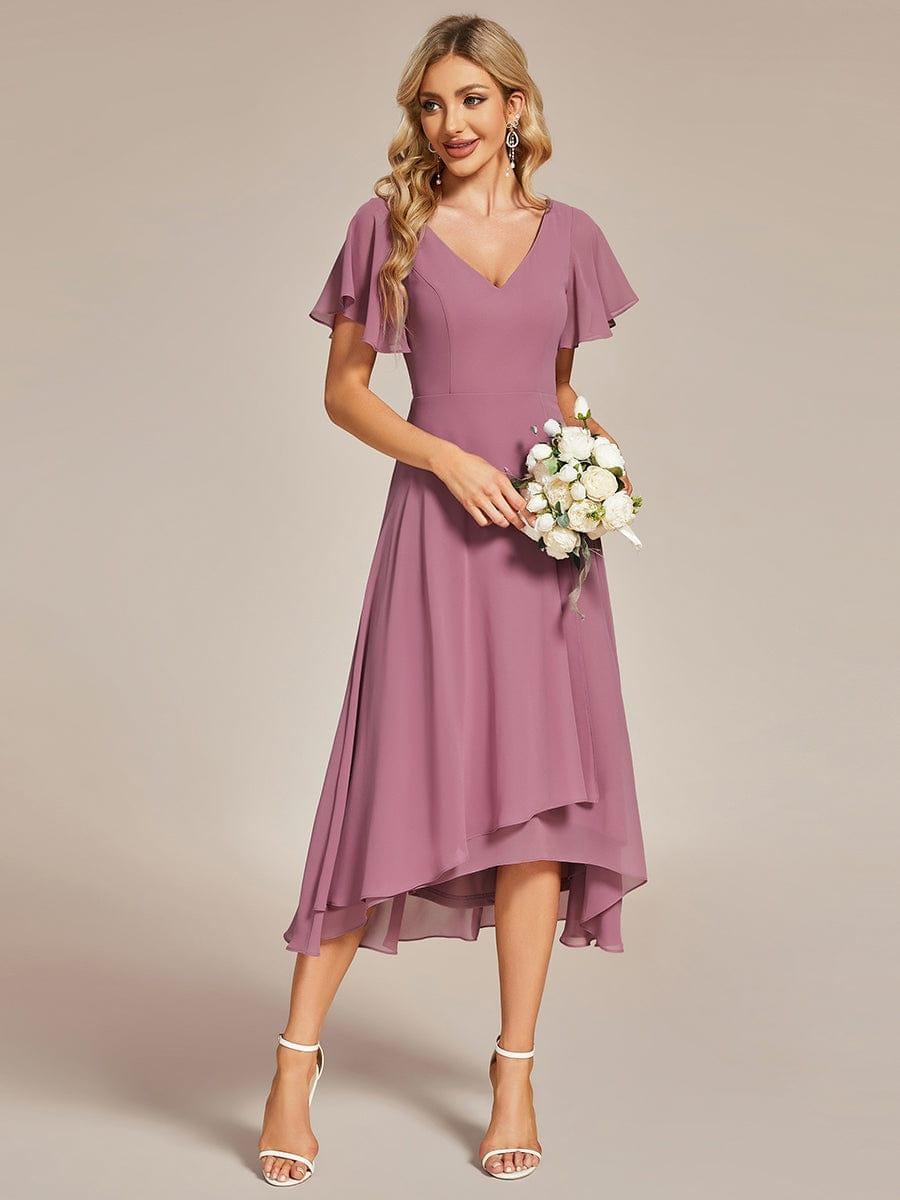 Robe Mariage Invitée haute-basse mousseline col en V Manches à volants #Couleur_Orchidee