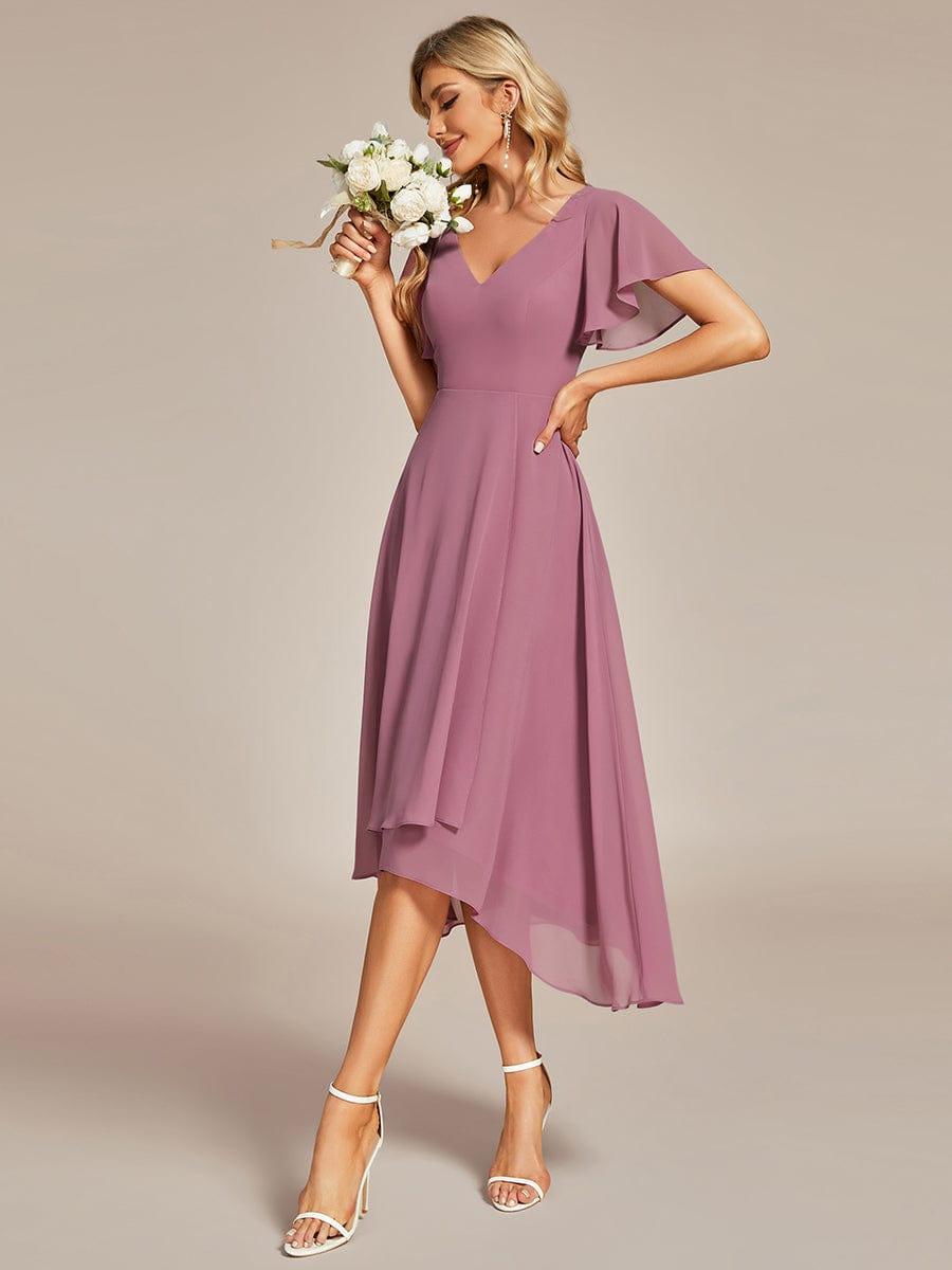 Robe Mariage Invitée haute-basse mousseline col en V Manches à volants #Couleur_Orchidee