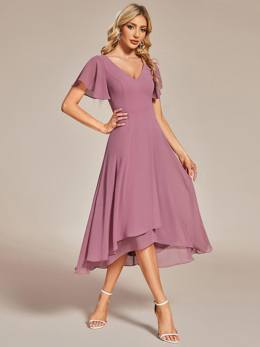Robe Mariage Invitée haute-basse mousseline col en V Manches à volants #Couleur_Orchidee
