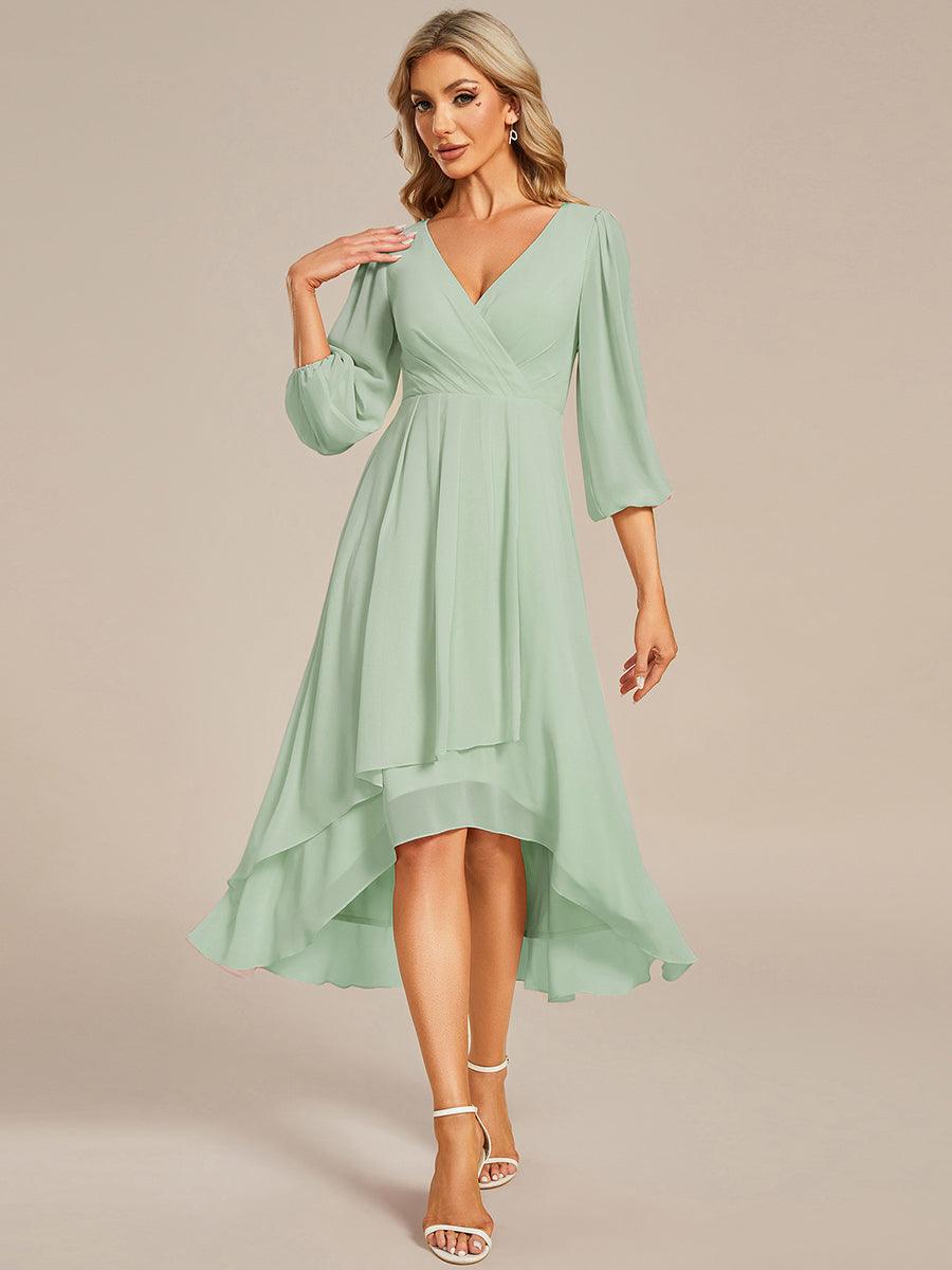 Robe invité de mariage mi-longue manches longues ourlet asymétrique #Couleur_Menthe Verte