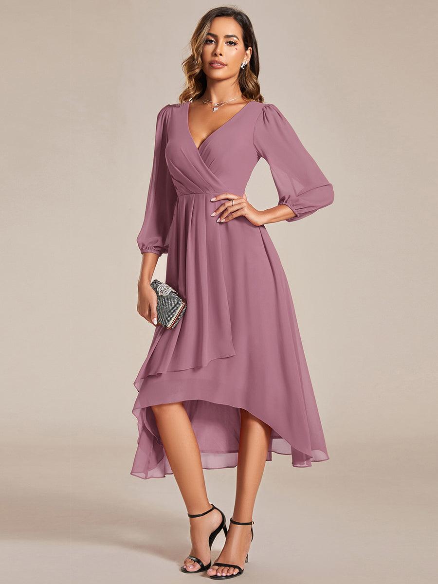 Robe invité de mariage mi-longue manches longues ourlet asymétrique #Couleur_Orchidee