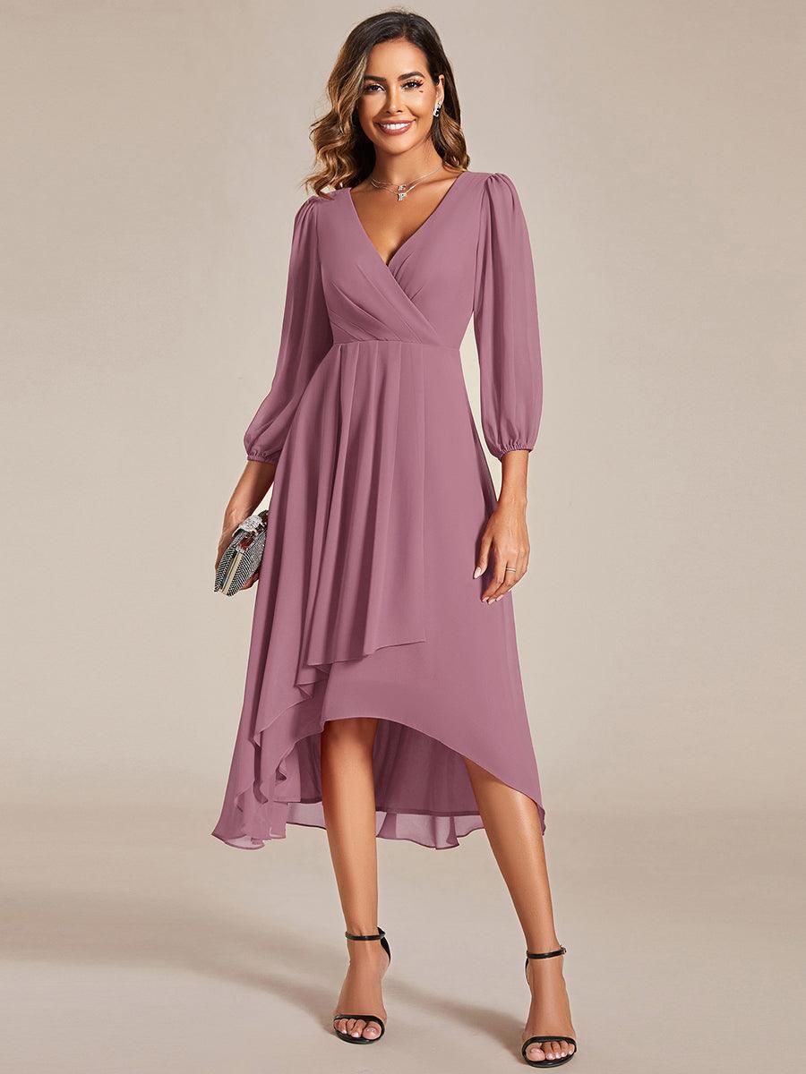 Robe invité de mariage mi-longue manches longues ourlet asymétrique #Couleur_Orchidee