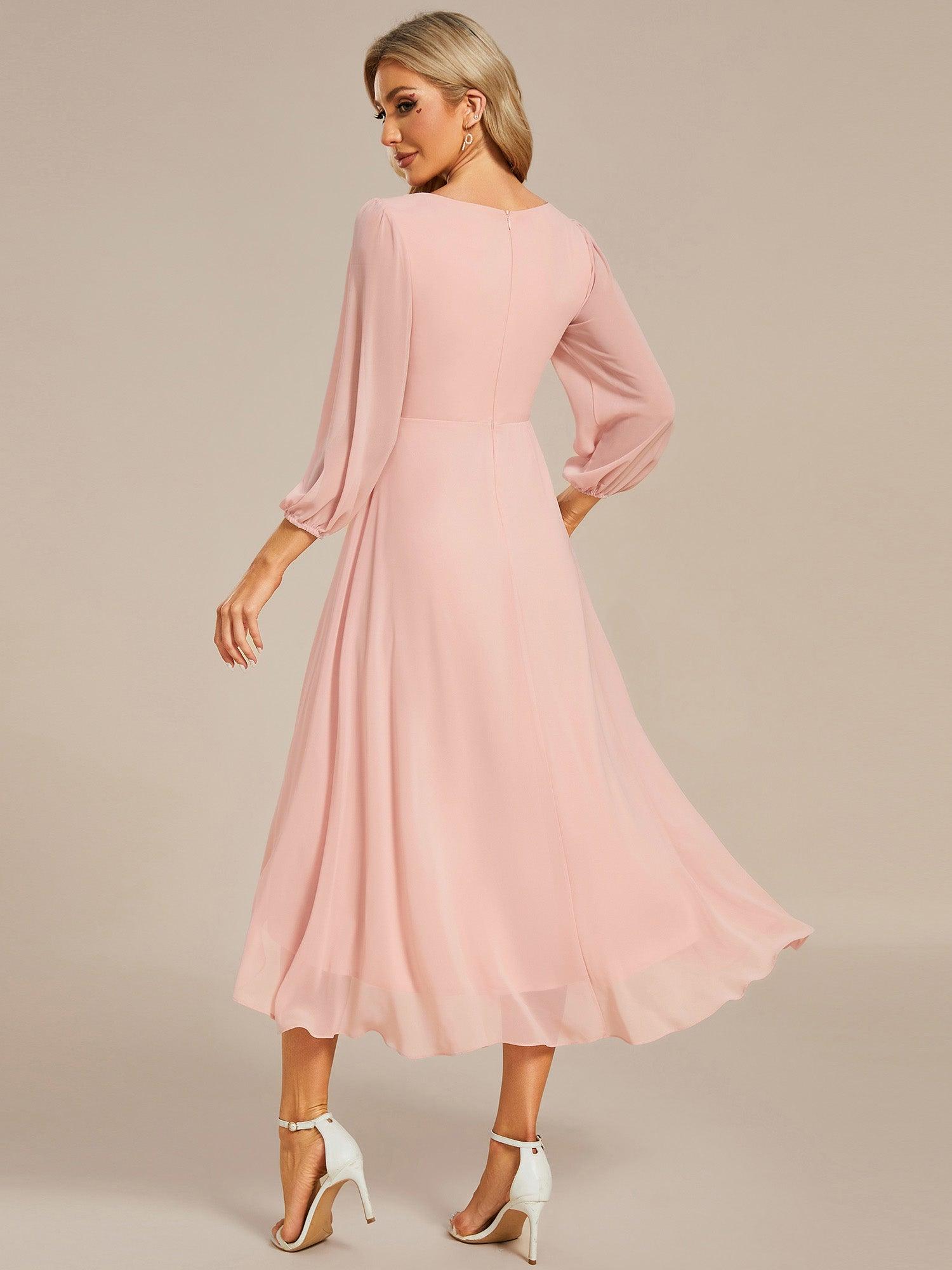 Robe invité de mariage mi-longue manches longues ourlet asymétrique #Couleur_Rose