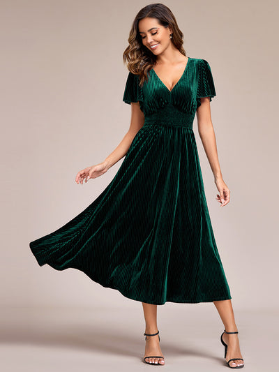 ever AZALEA|Robe invitée mariage mi-longue en velours d'automne à manches courtes et col en V gracieux