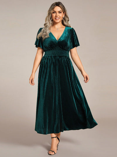 pretty AZALEA|Robe d'invité de mariage grande taille mi-longue en velours d'automne à manches courtes et col V