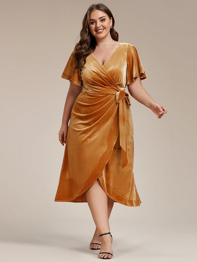 pretty LENNA|Robe d'invité de mariage grande taille mi-longue en velours type une pièce manches courtes col V (Vente finale)