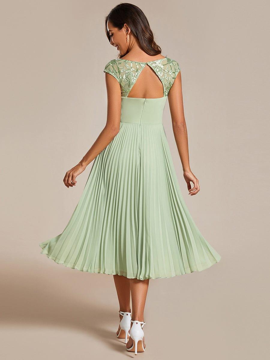 Robe d'invité de mariage trapèze en mousseline de soie à manches courtes avec plis et encolure ronde #Couleur_Menthe Verte