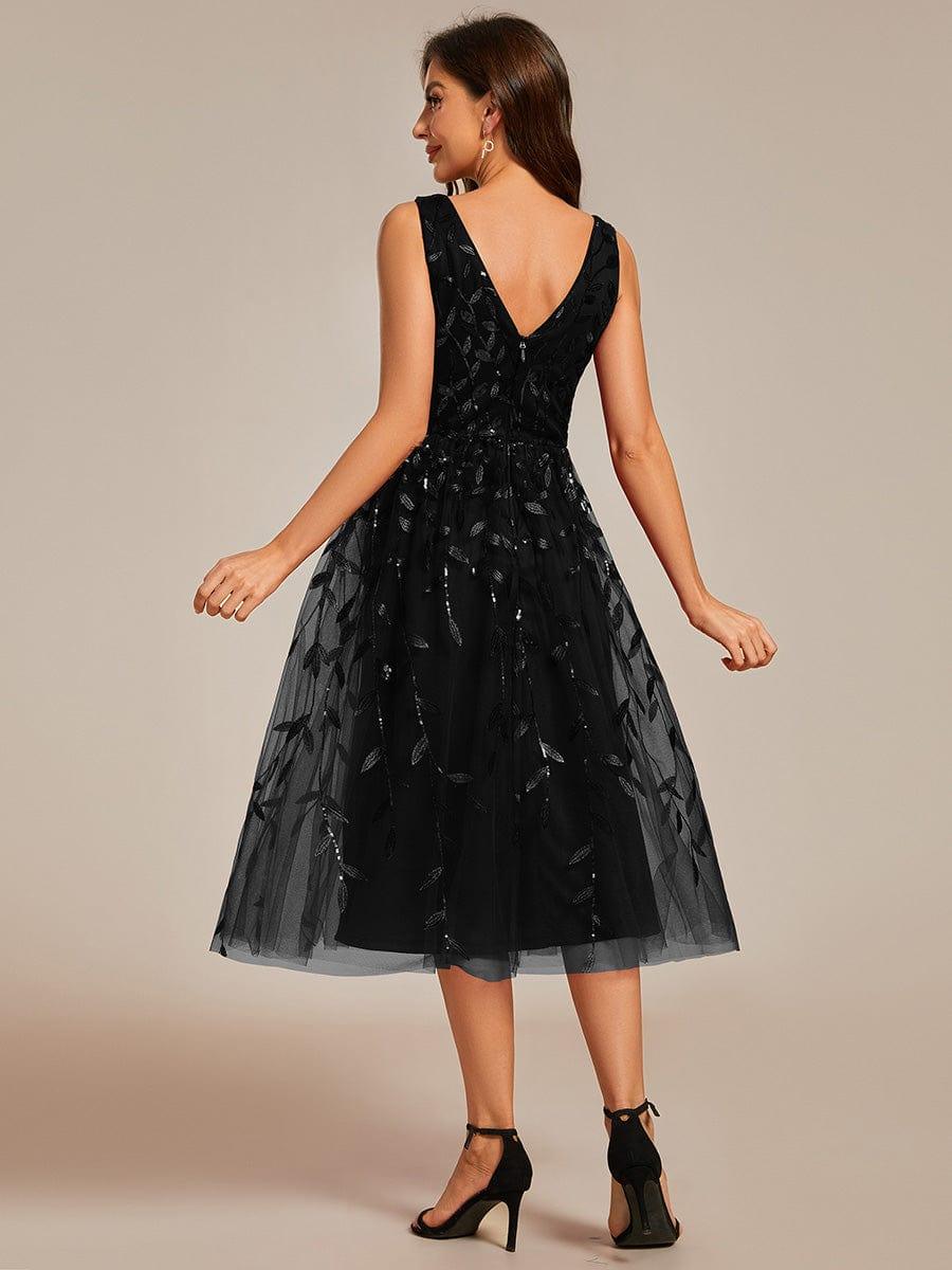 Robe d'invité de mariage mi-longue trapèze à col en V et paillettes avec sans manches #Couleur_Noir