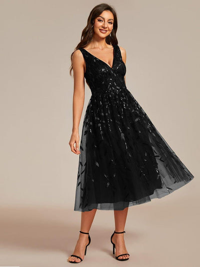ever ROUX|Robe d'invité de mariage mi-longue trapèze à col en V et paillettes avec sans manches(Vente finale)