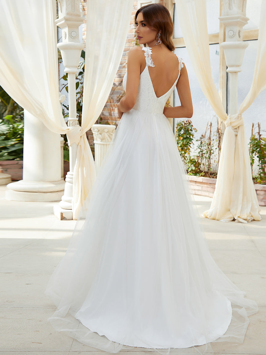 Taille Personnalisée Robe De Mariée Trapèze à Double Col En V Et Corsage En Dentelle #couleur_Creme