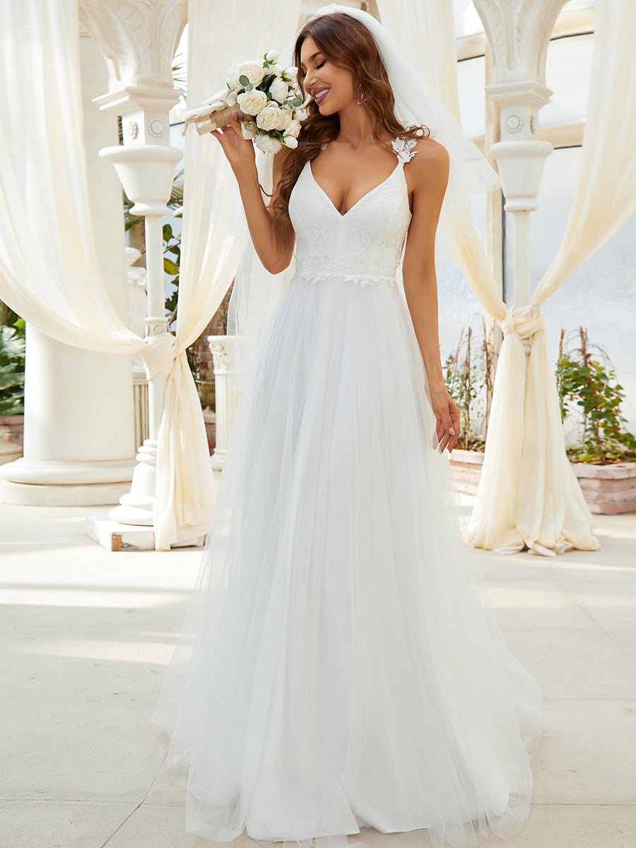 Taille Personnalisée Robe De Mariée Trapèze à Double Col En V Et Corsage En Dentelle #couleur_Creme