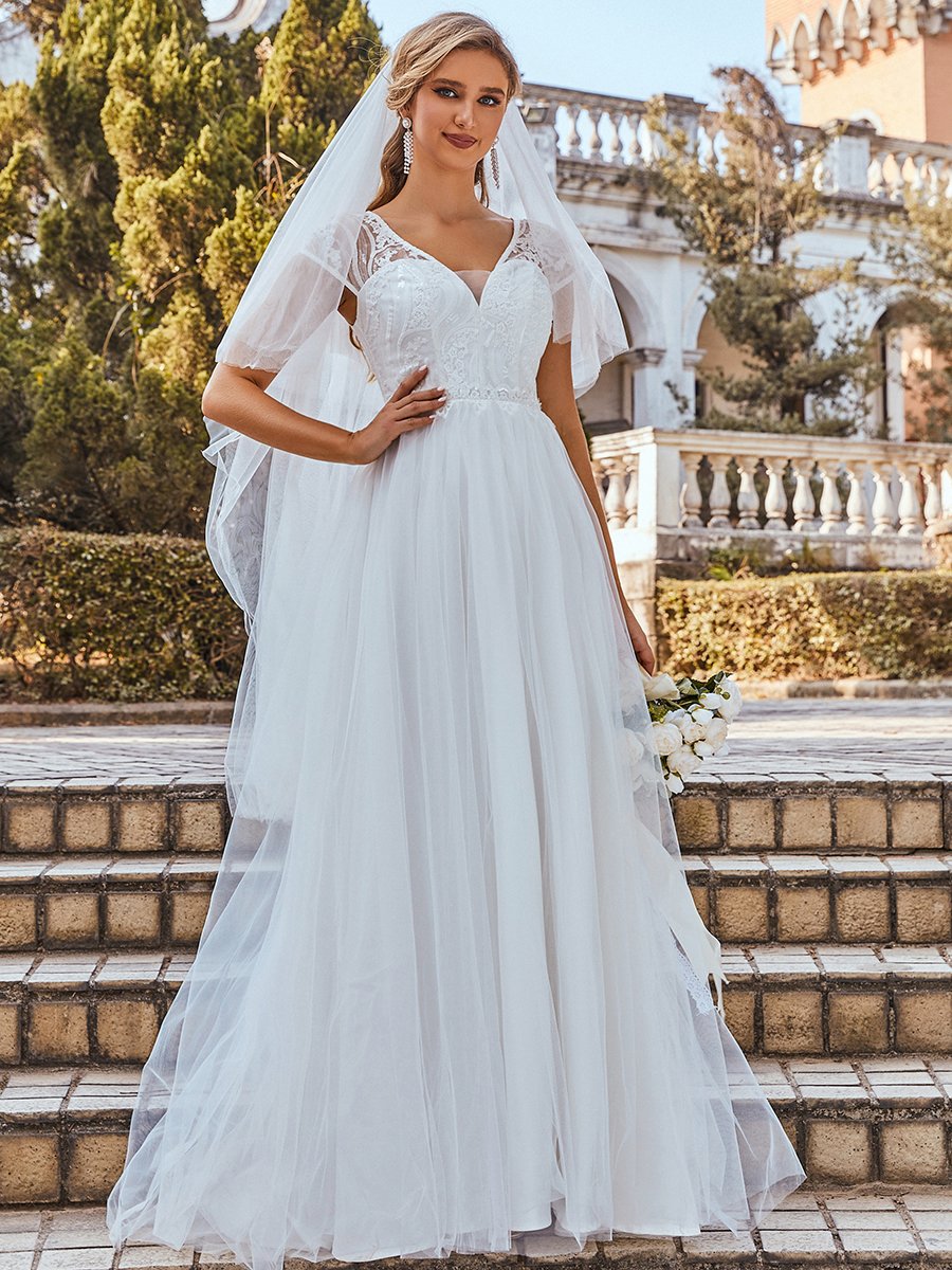 Taille personnalisée élégante robe de mariée à col en V avec manches couvrantes Robes de mariée #couleur_Creme