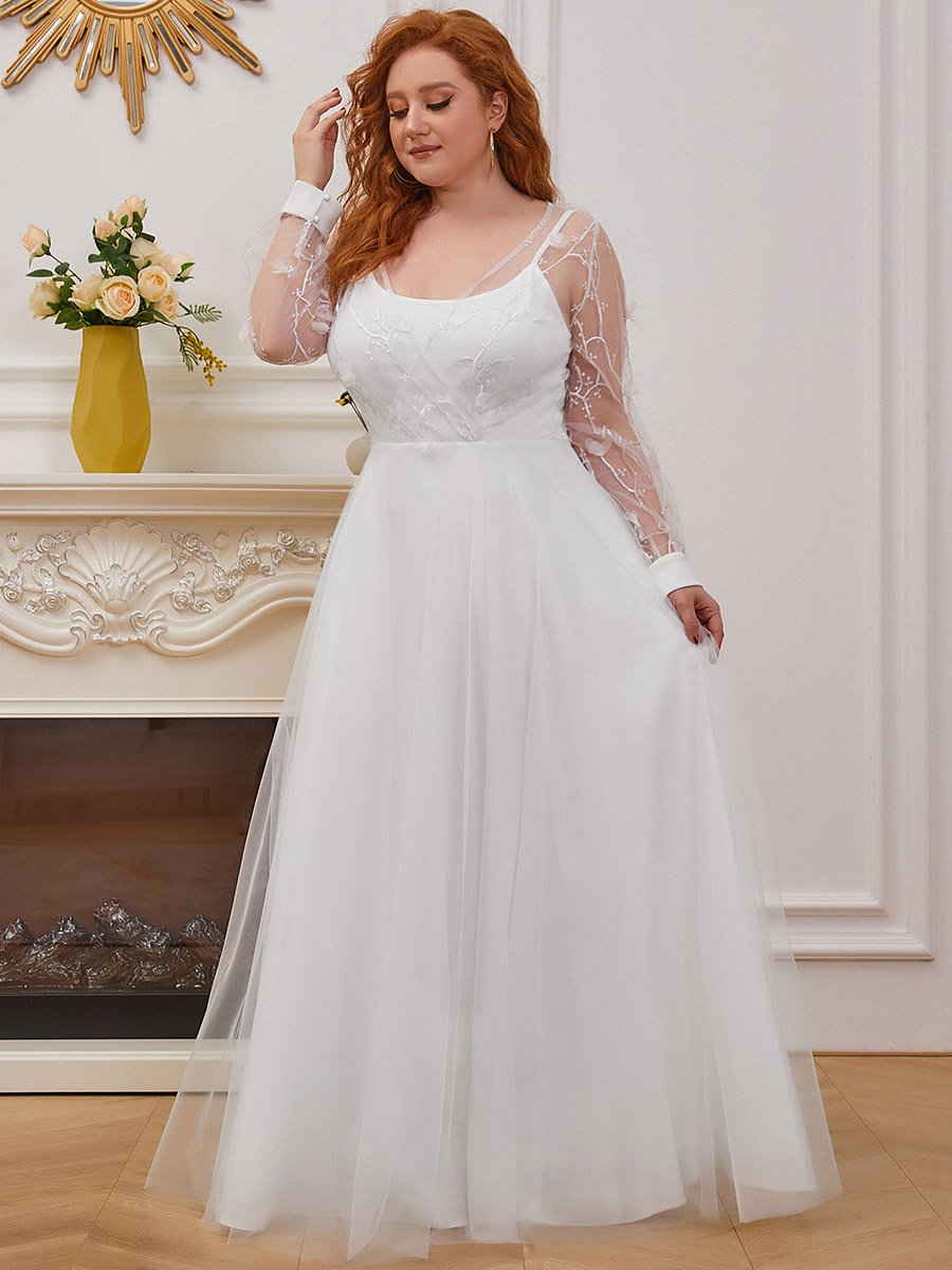 Robe de mariée trapèze en tulle grande taille à manches longues