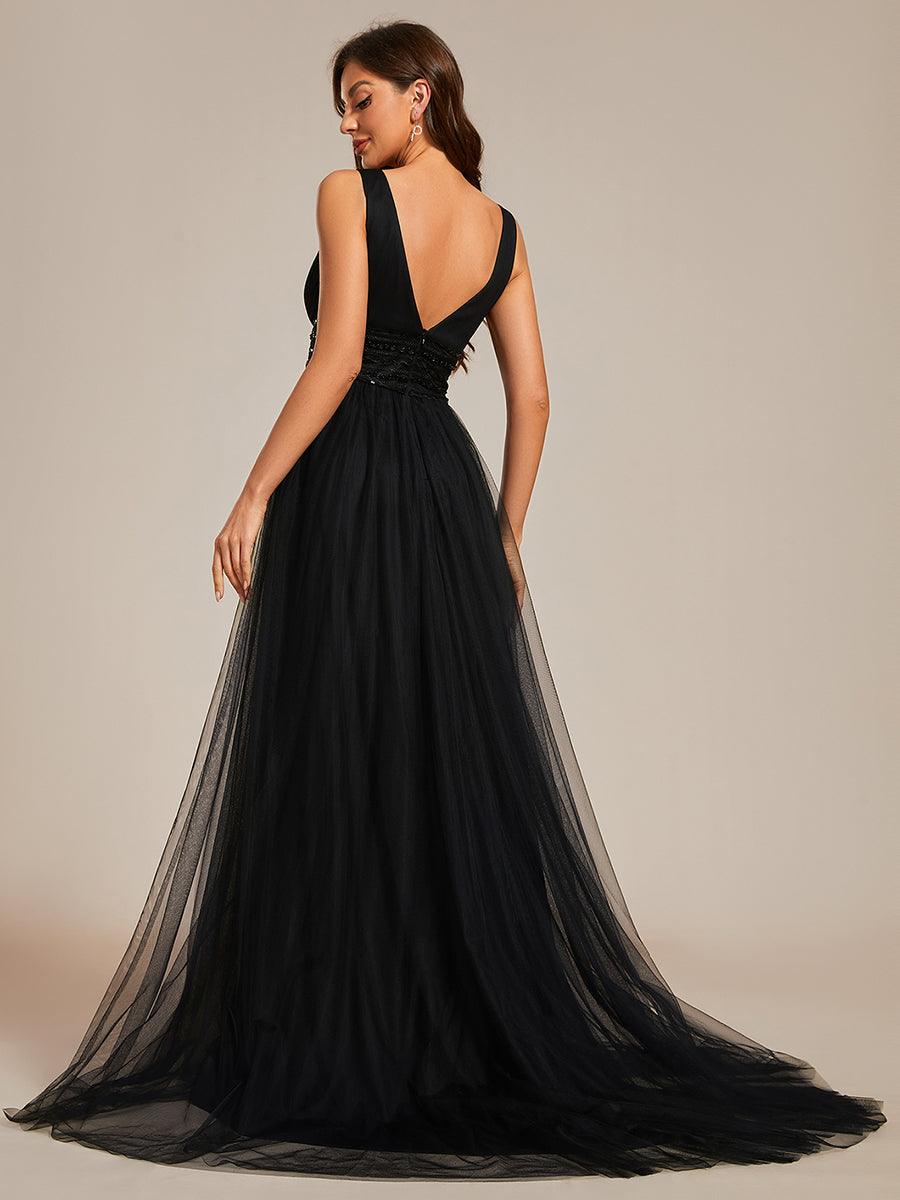 Robe de mariée longue sans manches en V profond et dos bas #Couleur_Noir