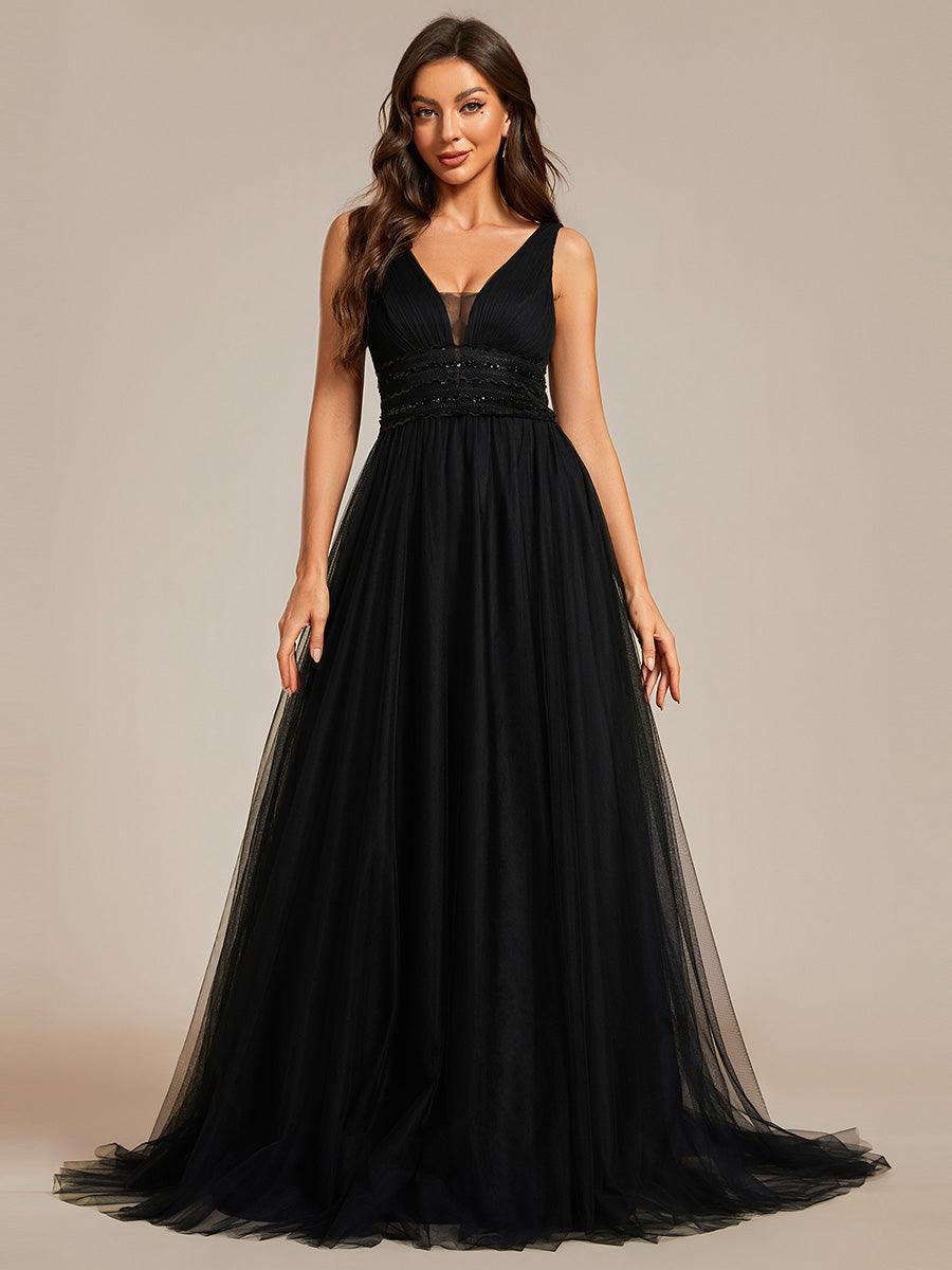 Robe de mariée longue sans manches en V profond et dos bas #Couleur_Noir