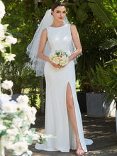 Robe de mariée en queue de poisson fendue sur le côté en dentelle florale sans manches #Couleur_Blanc