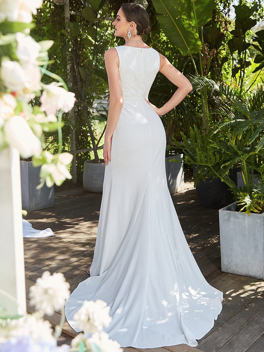 Robe de mariée en queue de poisson fendue sur le côté en dentelle florale sans manches #Couleur_Blanc