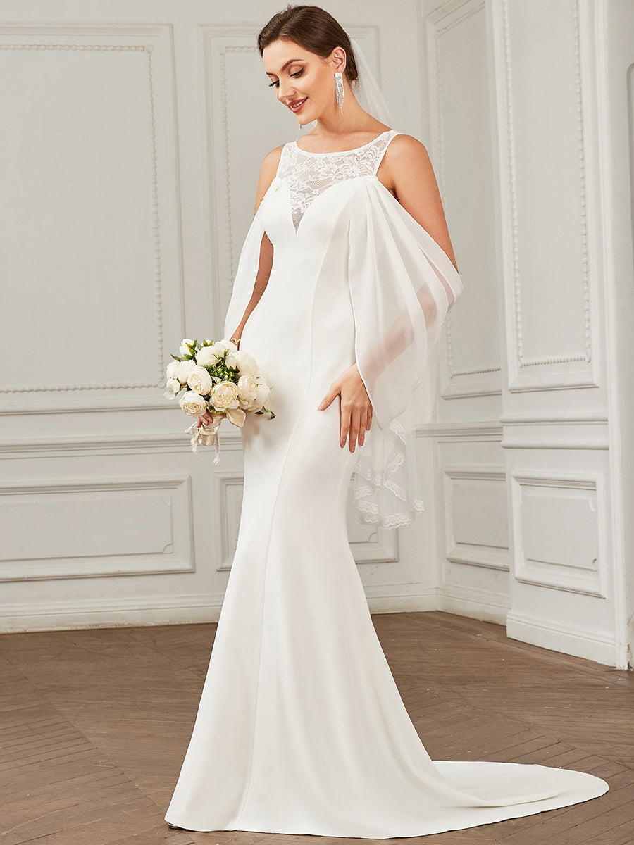 Robe de mariée Mousseline Épaules dénudées Manches drapées Dentelle #Couleur_Blanc