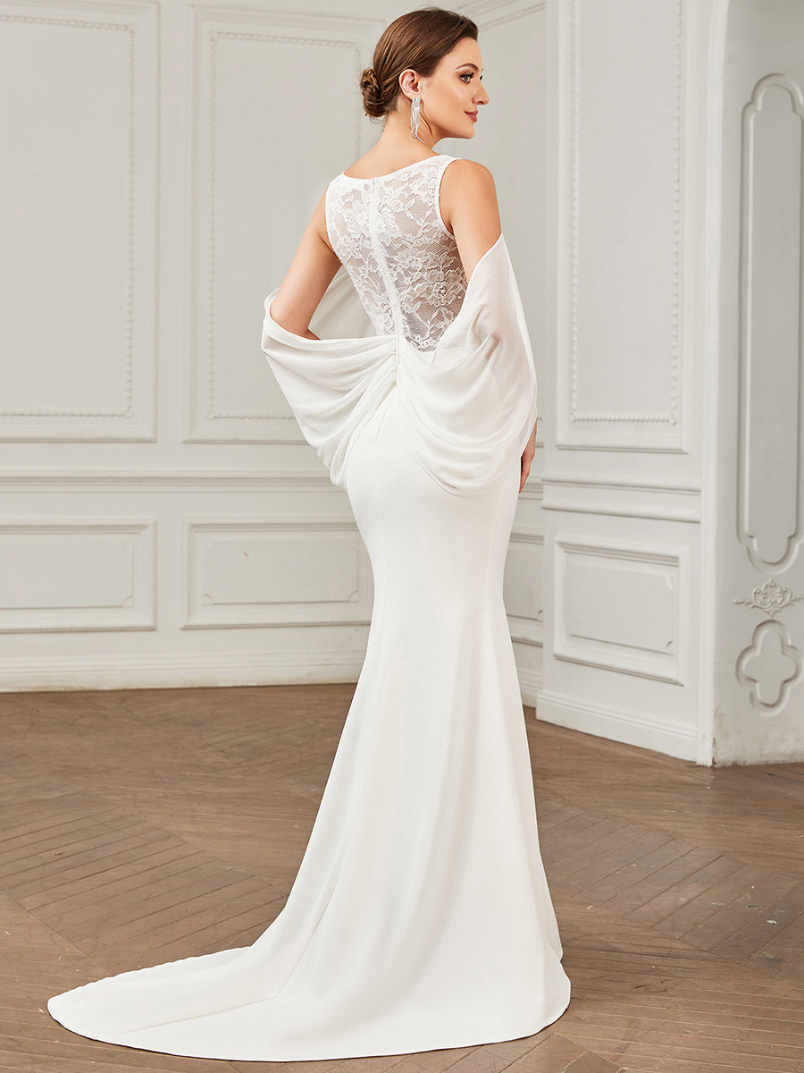 Robe de mariée Mousseline Épaules dénudées Manches drapées Dentelle #Couleur_Blanc