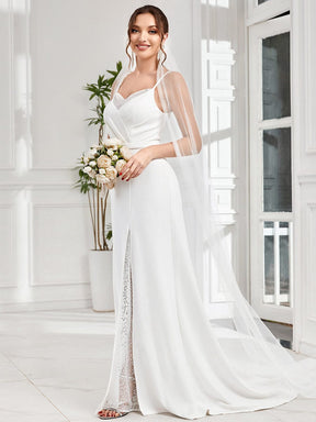 Robe de mariée fendue sur le devant en dentelle à col en V