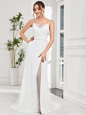 Robe de mariée fendue sur le devant en dentelle à col en V