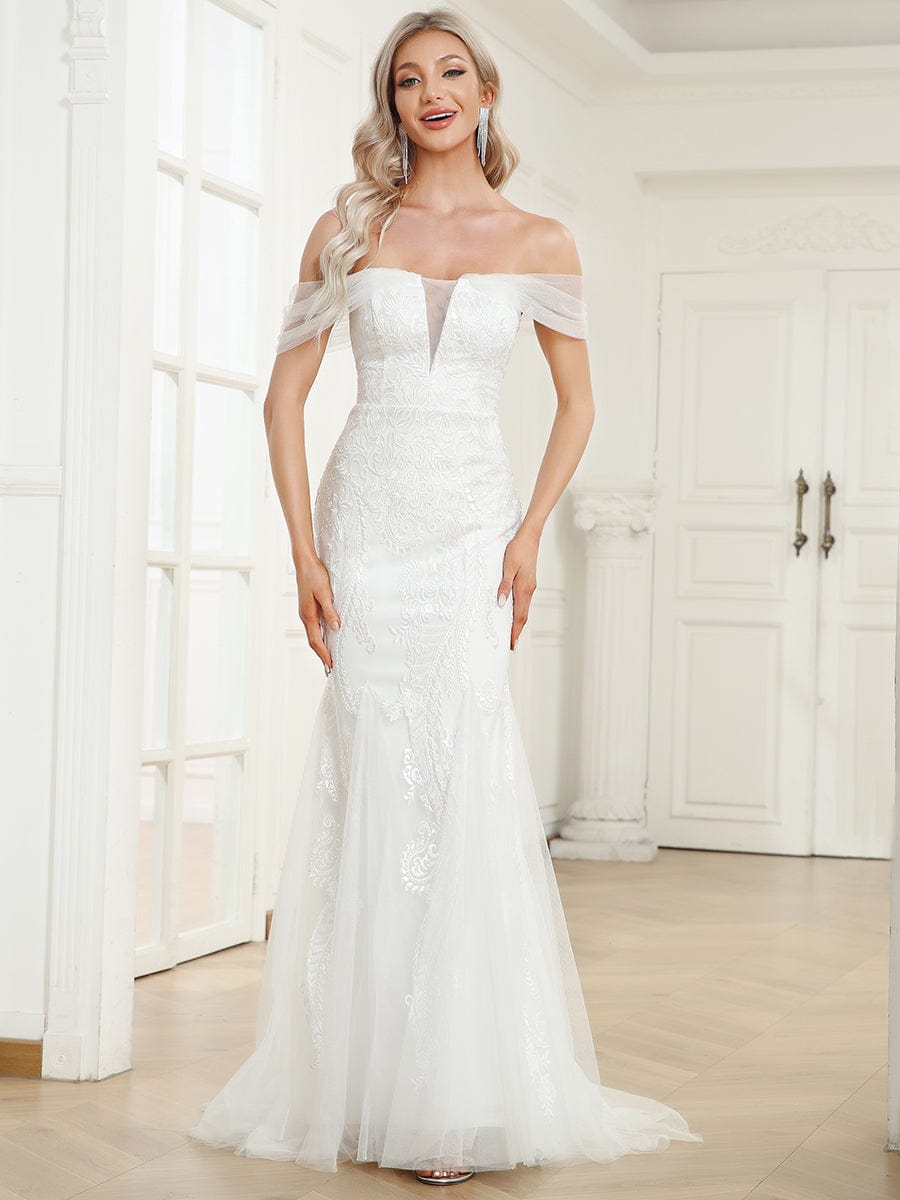 Robe de Mariée sirène en dentelle à col en V profond et manches drapées #Couleur_Blanc