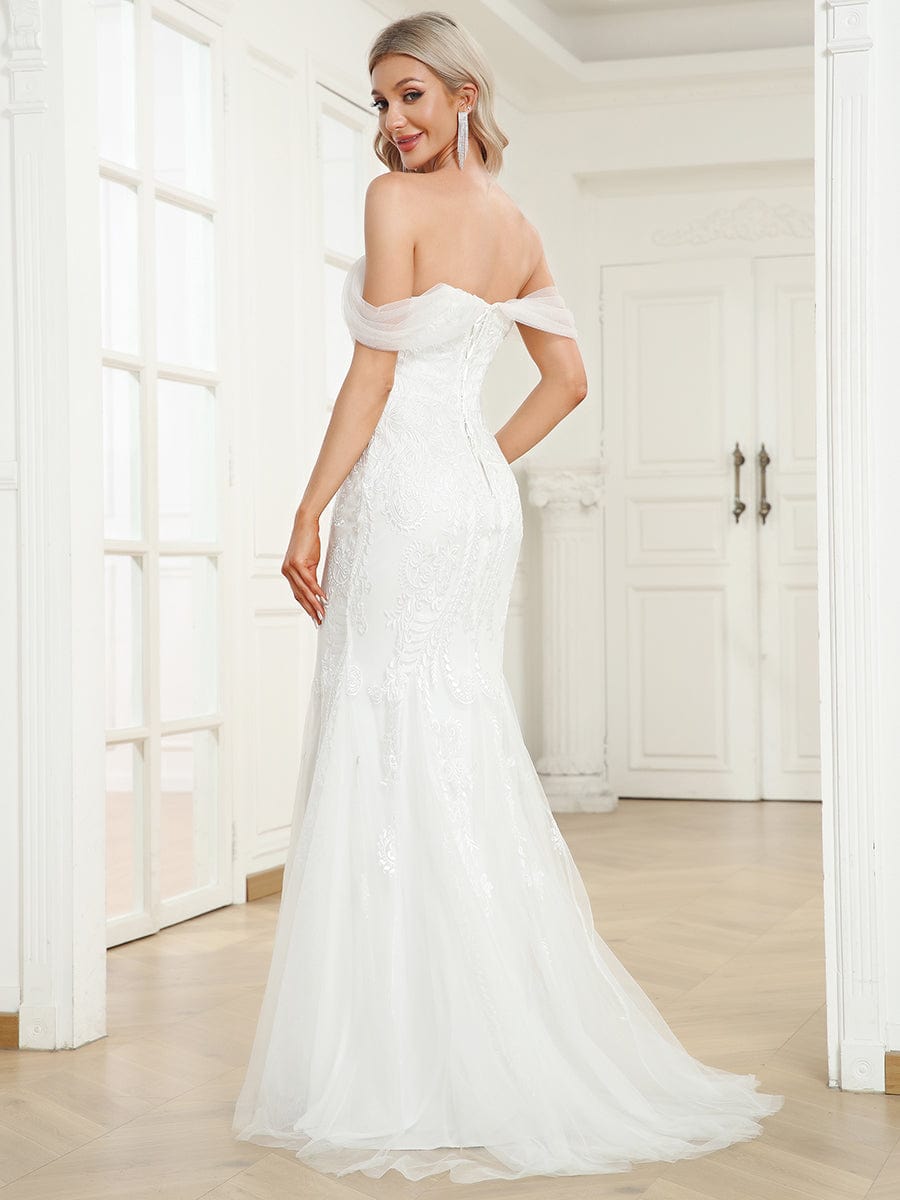 Robe de Mariée sirène en dentelle à col en V profond et manches drapées #Couleur_Blanc