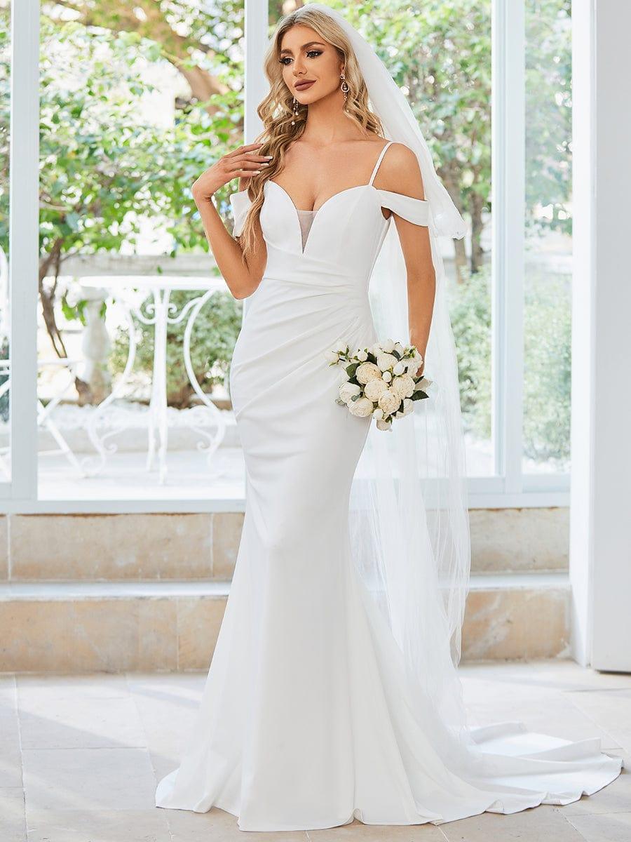 Robe de Mariée plissée Col en V profond et Bretelles Fines #Couleur_Blanc