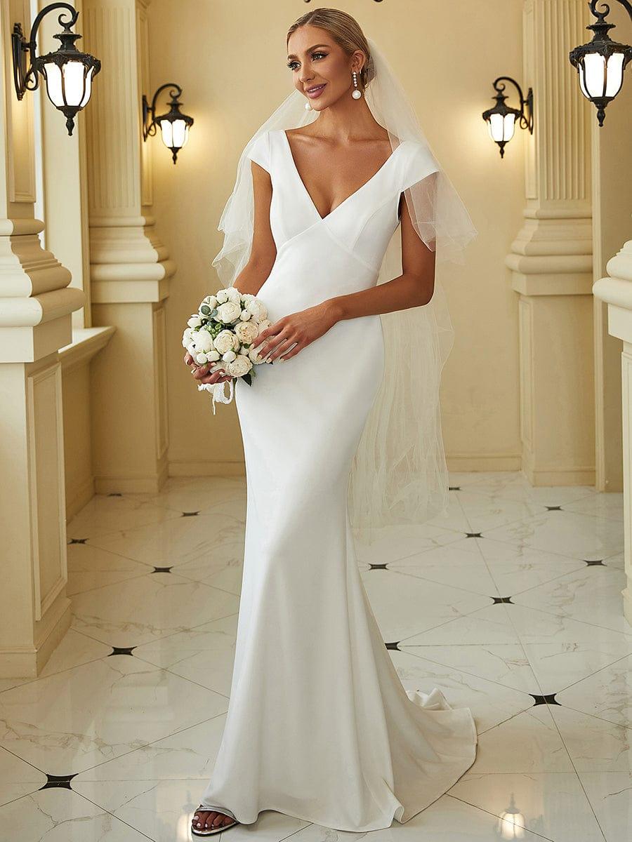 Bonnet Robe de mariée dos nu en dentelle à manches en V #Couleur_Blanc