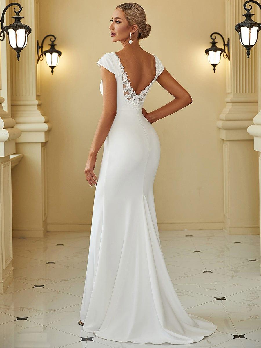 Bonnet Robe de mariée dos nu en dentelle à manches en V #Couleur_Blanc