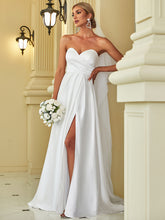 Robe de mariée fendue sur le devant en satin plissé en cœur sans manches #Couleur_Blanc