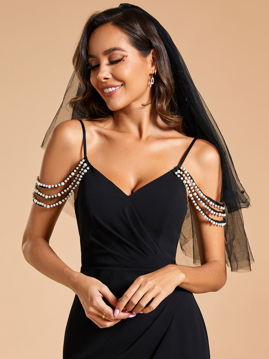 Robe de mariée sirène plissée à épaules dénudées avec chaîne de perles