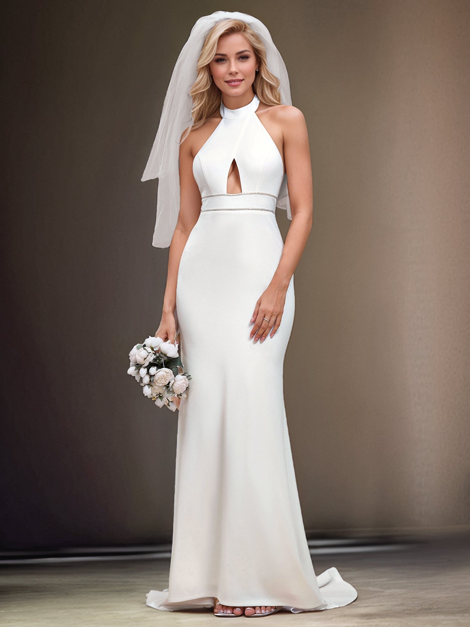 Robe de mariée sirène sans manches creuse à col licou #Couleur_Blanc