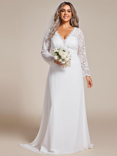 THE ICON'S BRIDE|Robe de mariée trapèze à manches longues en mousseline de soie et dentelle élégante de grande taille