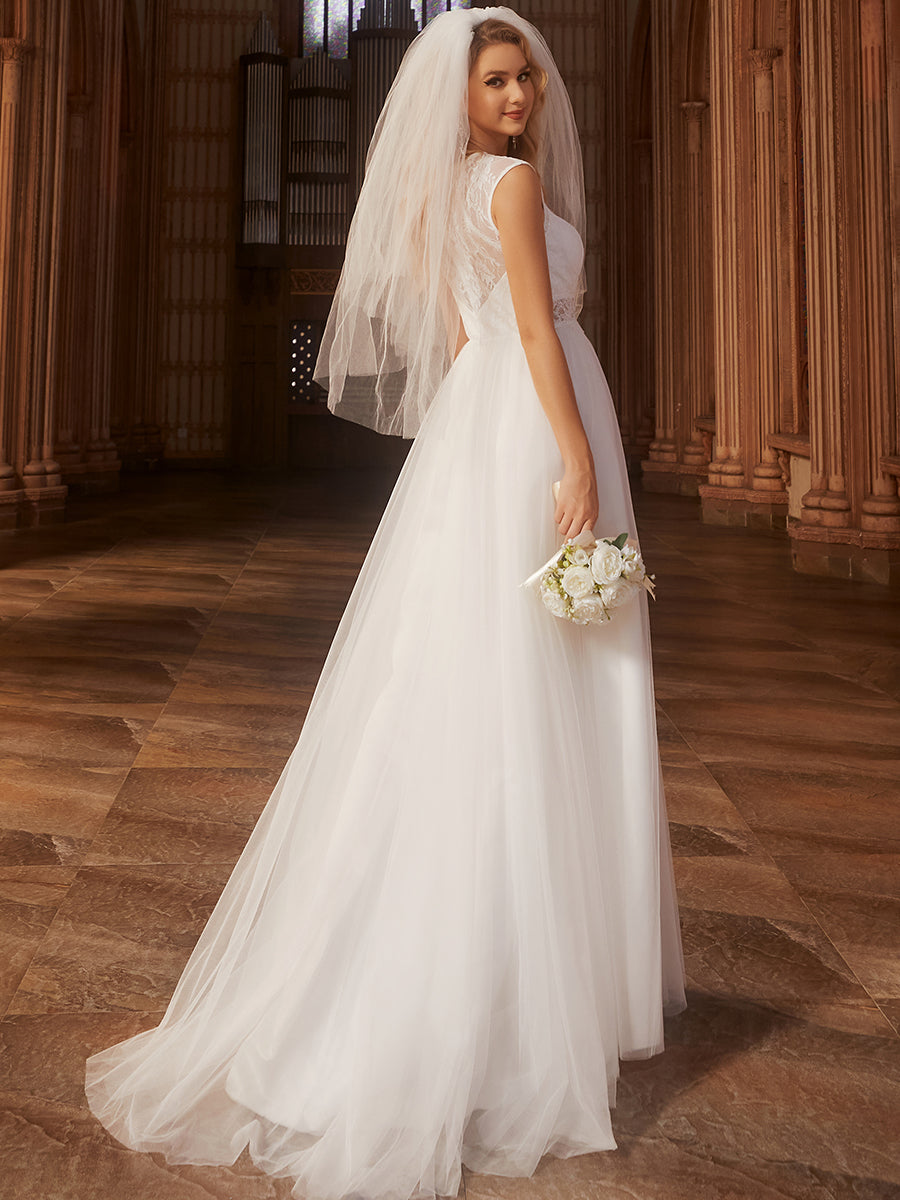 Robe de mariée trapèze romantique sans manches en dentelle transparente#Couleur_Blanc