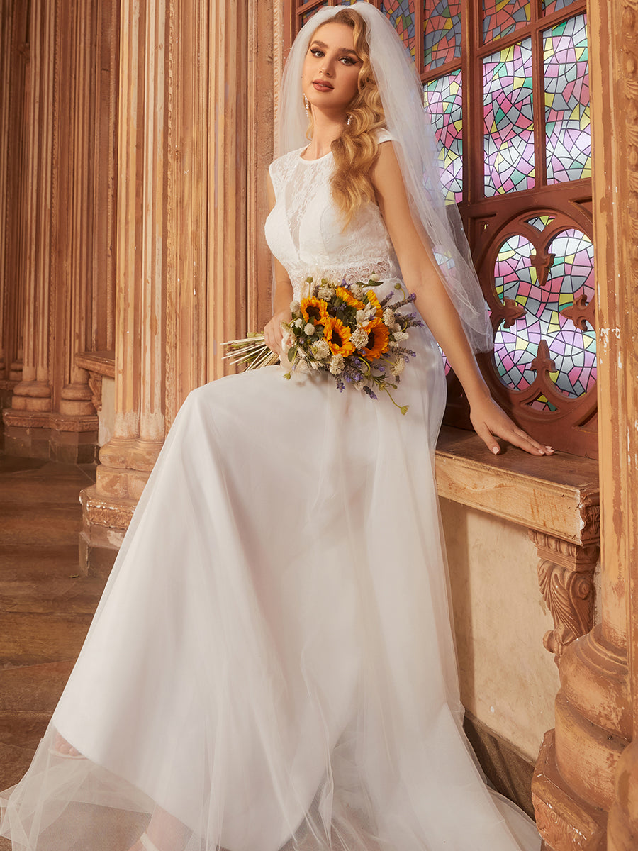 Robe de mariée trapèze romantique sans manches en dentelle transparente